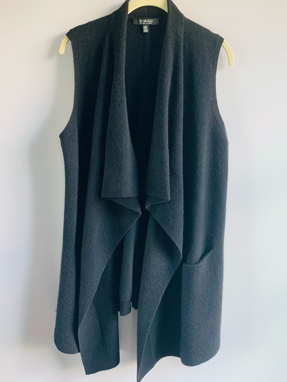 Cashmere Cardigan Vest Saks Fifth Ave Black Waterfall Open Front Office Medium